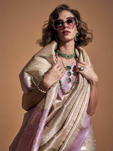 Incredible Silver & Lilac Zari Weaving Silk Event Wear Saree With Blouse